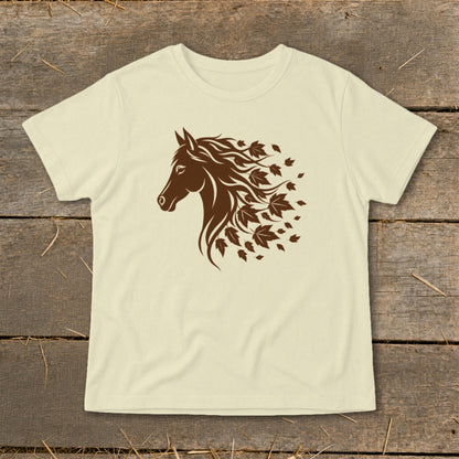Cream t-shirt with a brown horse head design with leaves for a mane.