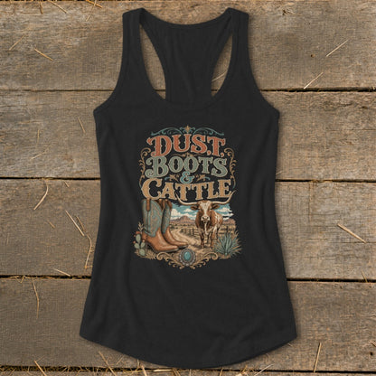 Black tank top with "Dust Boots Cattle" text and western graphic.