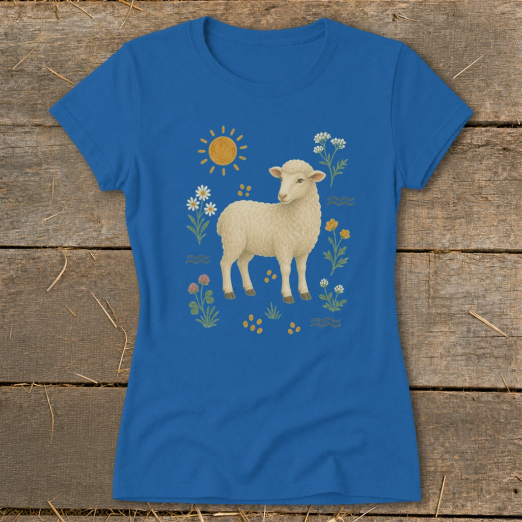 Blue t-shirt with a sheep illustration surrounded by flowers and sun.