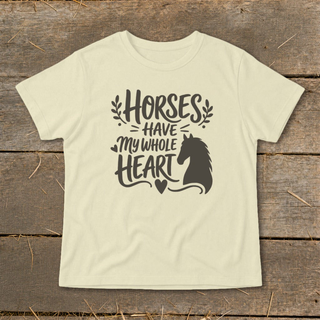 Cream t-shirt with "Horses Have My Whole Heart" text and horse silhouette.