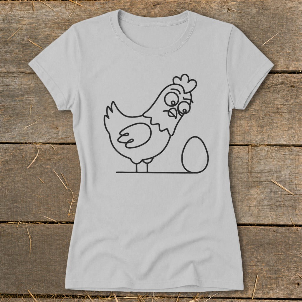 Line art of a surprised chicken looking at an egg on a light gray t-shirt.