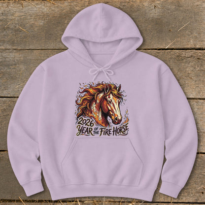 Purple hoodie featuring a fiery horse graphic with text "2026 Year of the Fire Horse".