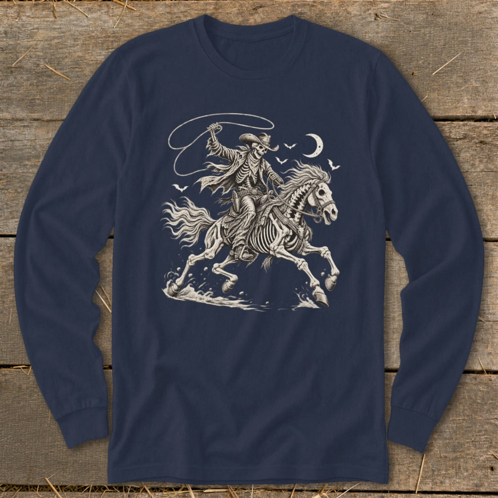 Skeleton cowboy on horseback with lasso, moon, and birds.