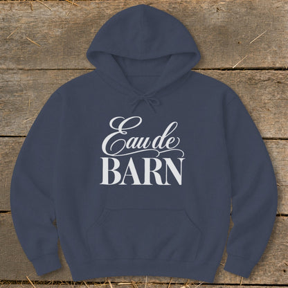 Navy hoodie with white "Eau de BARN" text on chest