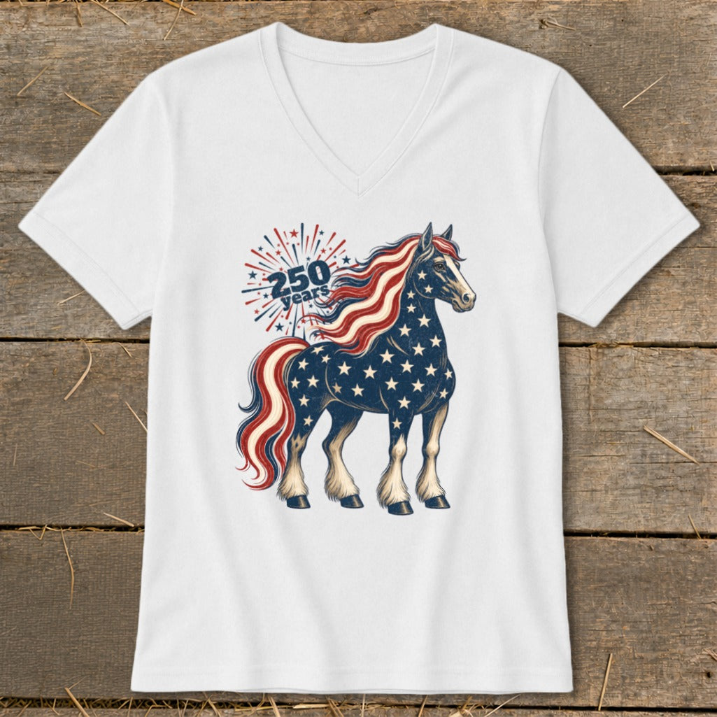 White v-neck t-shirt with a patriotic horse graphic and "250 years" text.