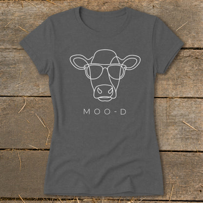Dark gray t-shirt with a white line drawing of a cow wearing sunglasses and the text MOO-D.