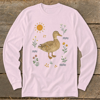 Pink long-sleeve shirt with a mallard duck and floral illustration.