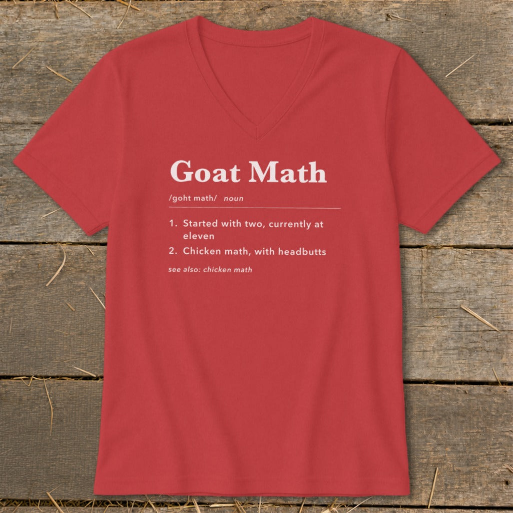 Red v-neck t-shirt with "Goat Math" definition printed in white.