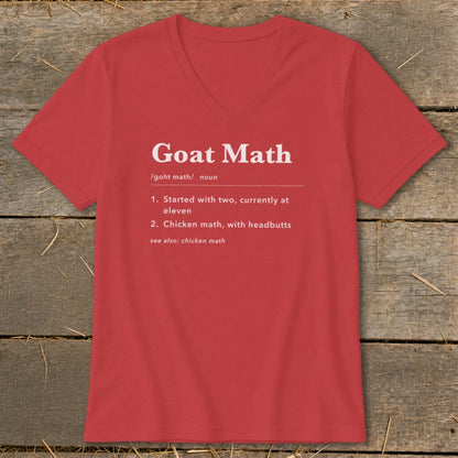 Red v-neck t-shirt with "Goat Math" definition printed in white.