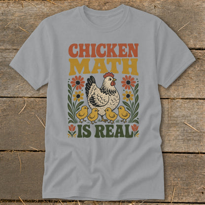 Gray t-shirt with "CHICKEN MATH IS REAL" text and chicken illustration.