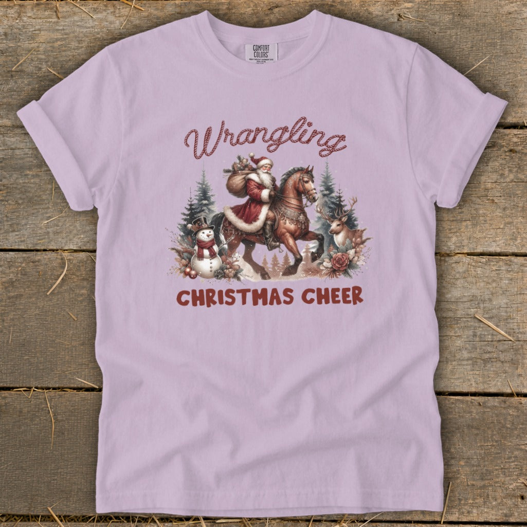 Santa on horseback with Christmas Cheer text and festive winter scene.