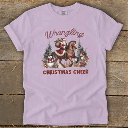 Santa on horseback with Christmas Cheer text and festive winter scene.