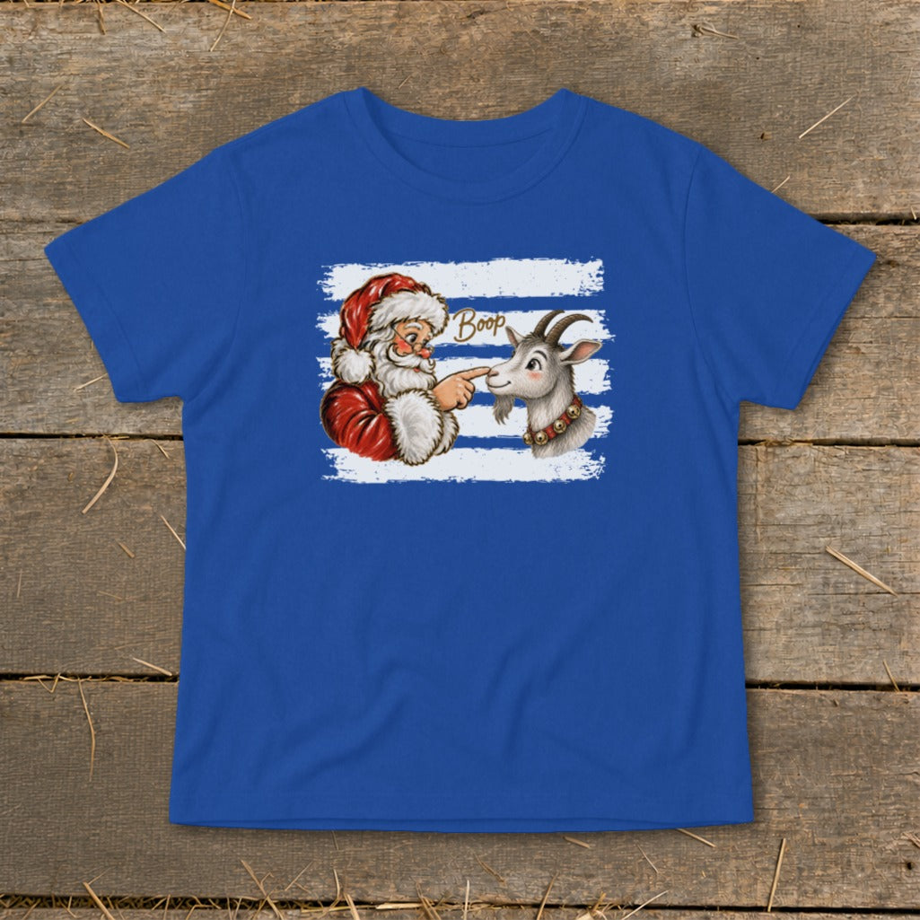 Santa booping a goat with the word "Boop" on a blue striped graphic.