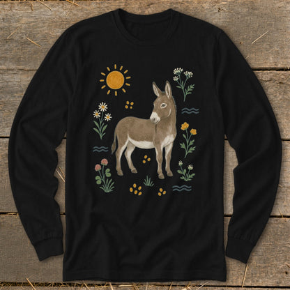 Black long-sleeve shirt with a watercolor donkey surrounded by sun, flowers, and abstract shapes.