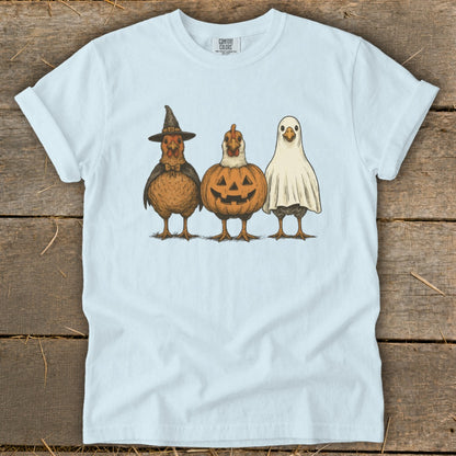 Three chickens in Halloween costumes: witch, jack-o-lantern, and ghost.