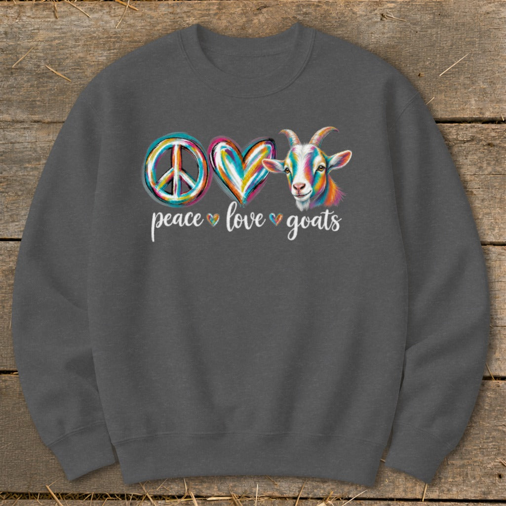 Peace, love, goats text with colorful peace sign, heart, and goat graphic.