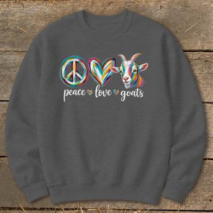 Peace, love, goats text with colorful peace sign, heart, and goat graphic.