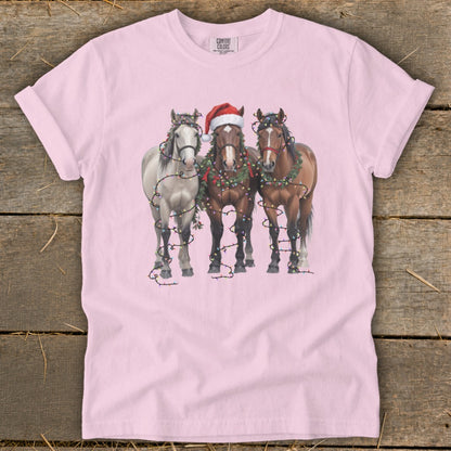 Three horses, one wearing a Santa hat, are decorated with Christmas lights and garland.