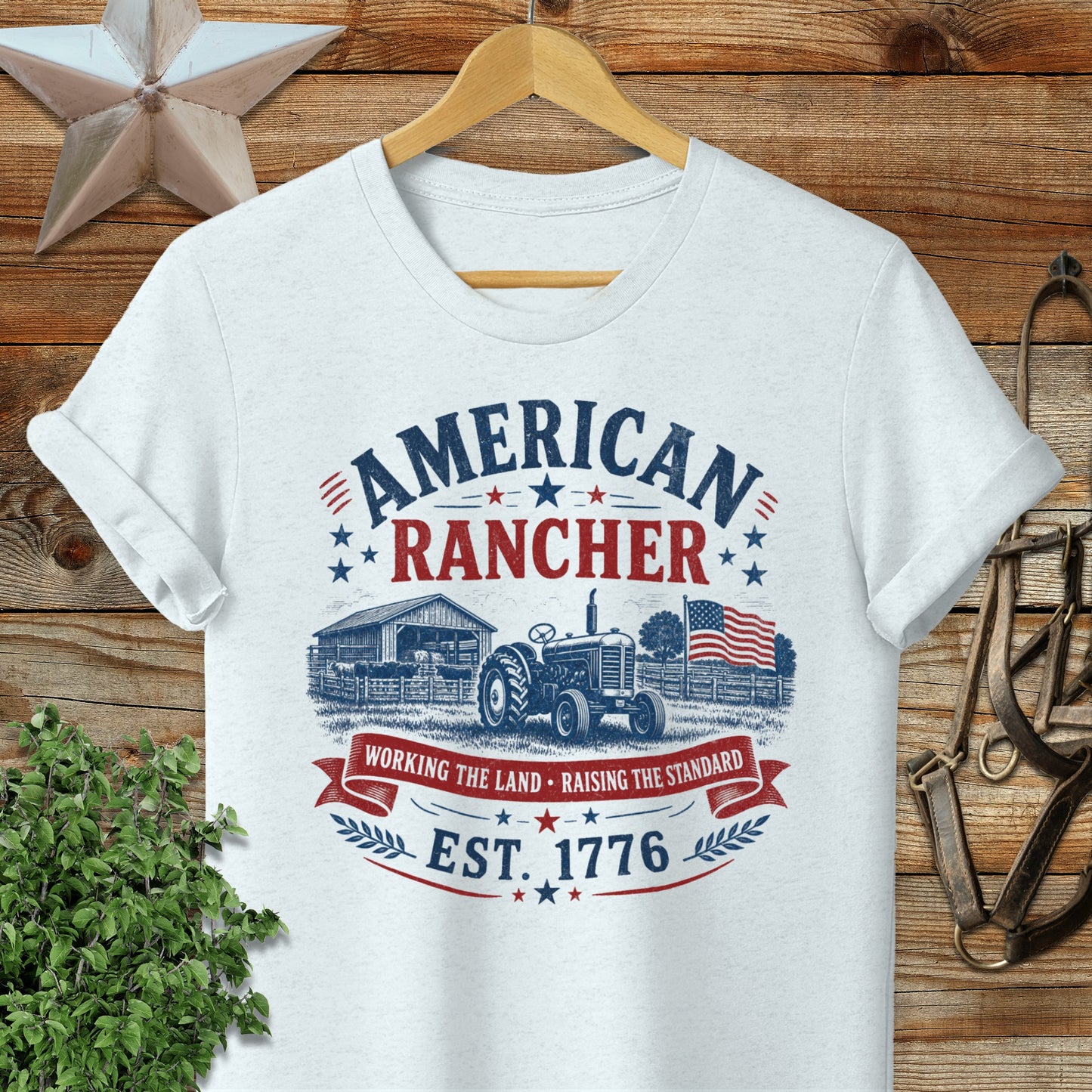 American Rancher Est. 1776 t-shirt with tractor and barn graphic.