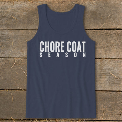 Navy tank top with white text that reads "CHORE COAT SEASON".