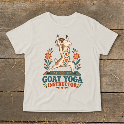 T-shirt with a goat in yoga pose and "GOAT YOGA INSTRUCTOR" text.