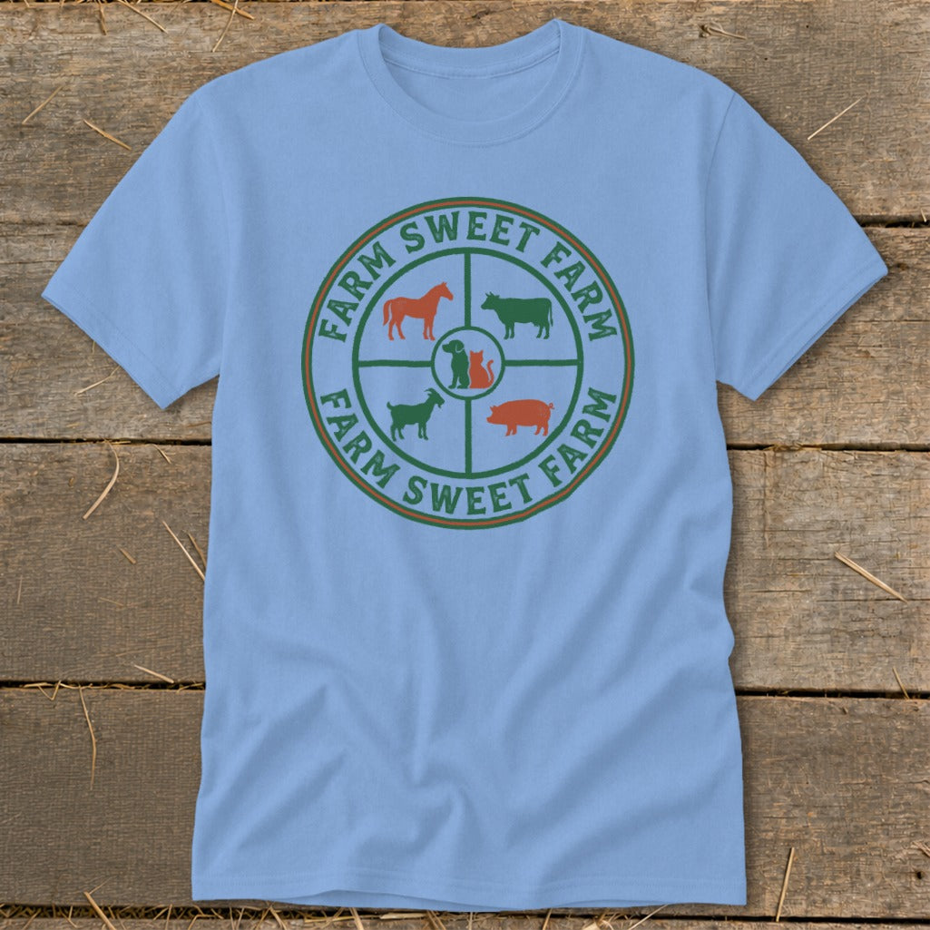 Light blue t-shirt with "FARM SWEET FARM" circular logo and farm animal silhouettes.