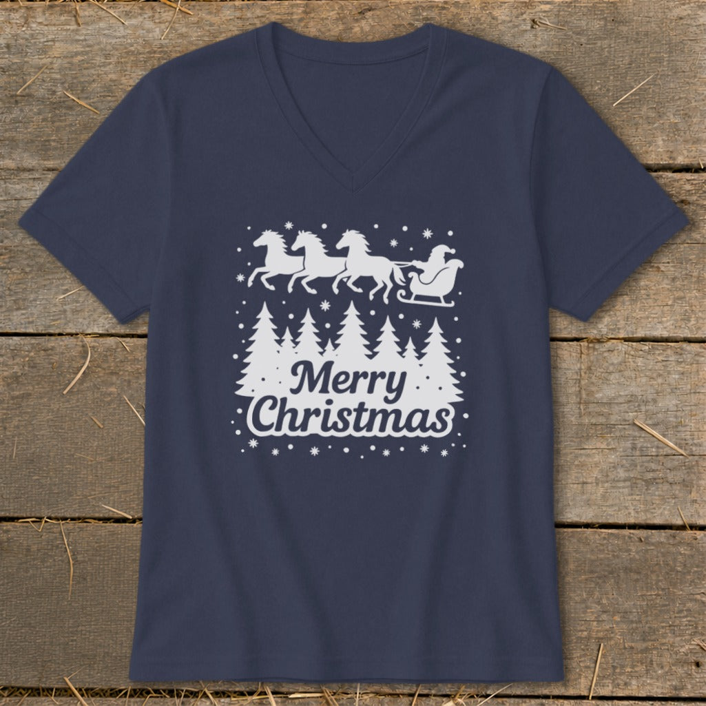 Navy v-neck t-shirt with white Christmas design: horses, sleigh, trees, and text.