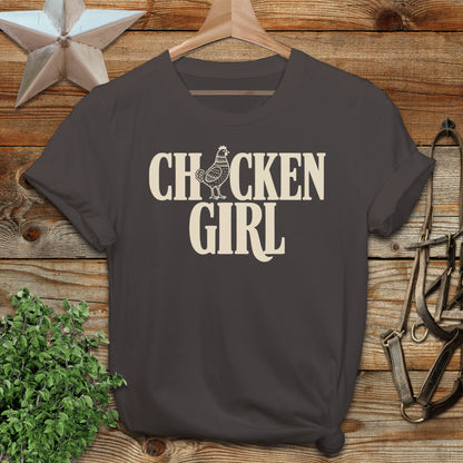 Dark gray t-shirt with "CHICKEN GIRL" text and a chicken graphic.