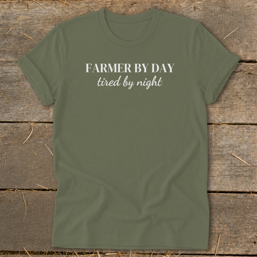 Olive green t-shirt with white text: FARMER BY DAY tired by night