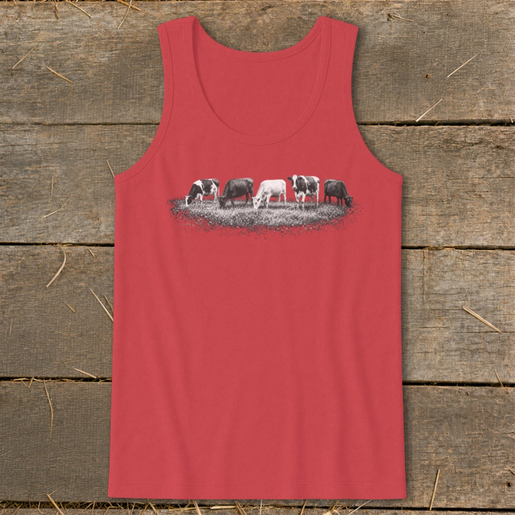 Red tank top with a graphic of five cows grazing in a field.