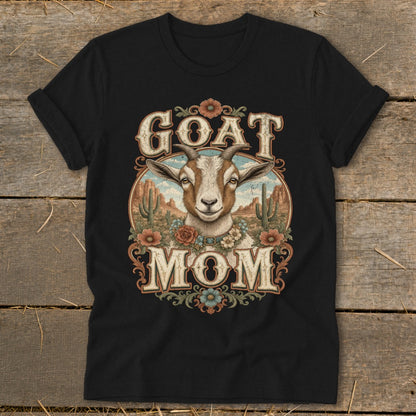 Black t-shirt with a goat, desert cacti, and "GOAT MOM" text.
