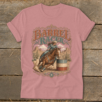 Barrel racer on horse rounds barrel in desert setting with text "Barrel Racer".