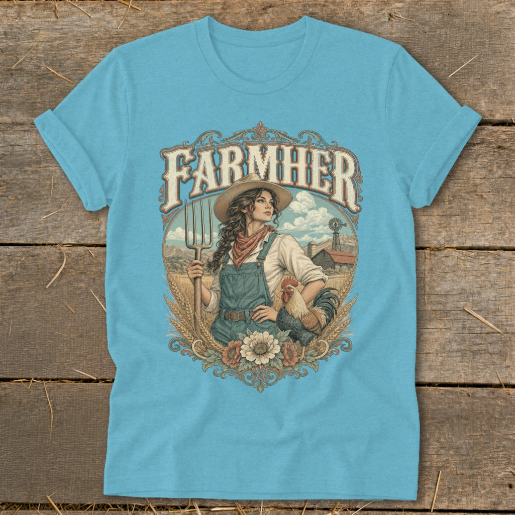 Light blue t-shirt with "FARMHER" text and a farmer woman with pitchfork and rooster.