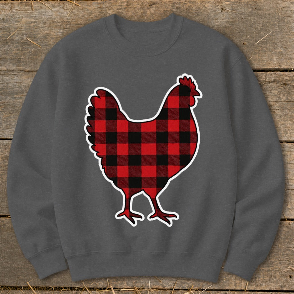 Dark grey sweatshirt with a red and black buffalo plaid chicken graphic.