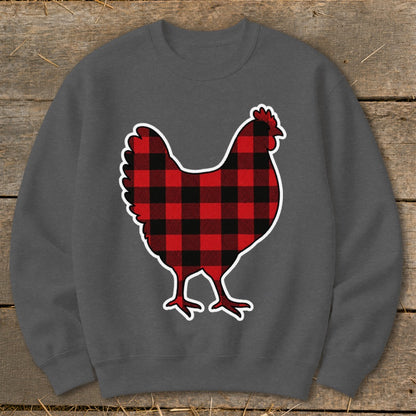 Dark grey sweatshirt with a red and black buffalo plaid chicken graphic.