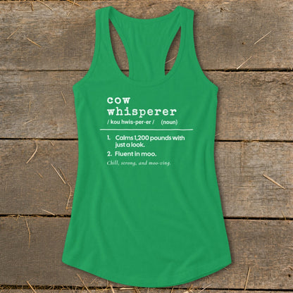 Green tank top with "Cow Whisperer" definition text.