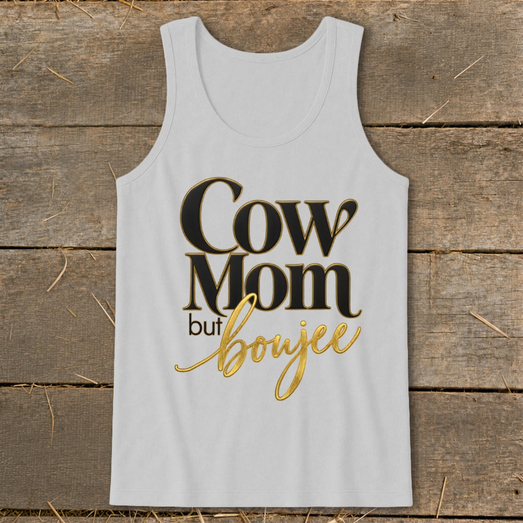 White tank top with "Cow Mom but boujee" text in black and gold.