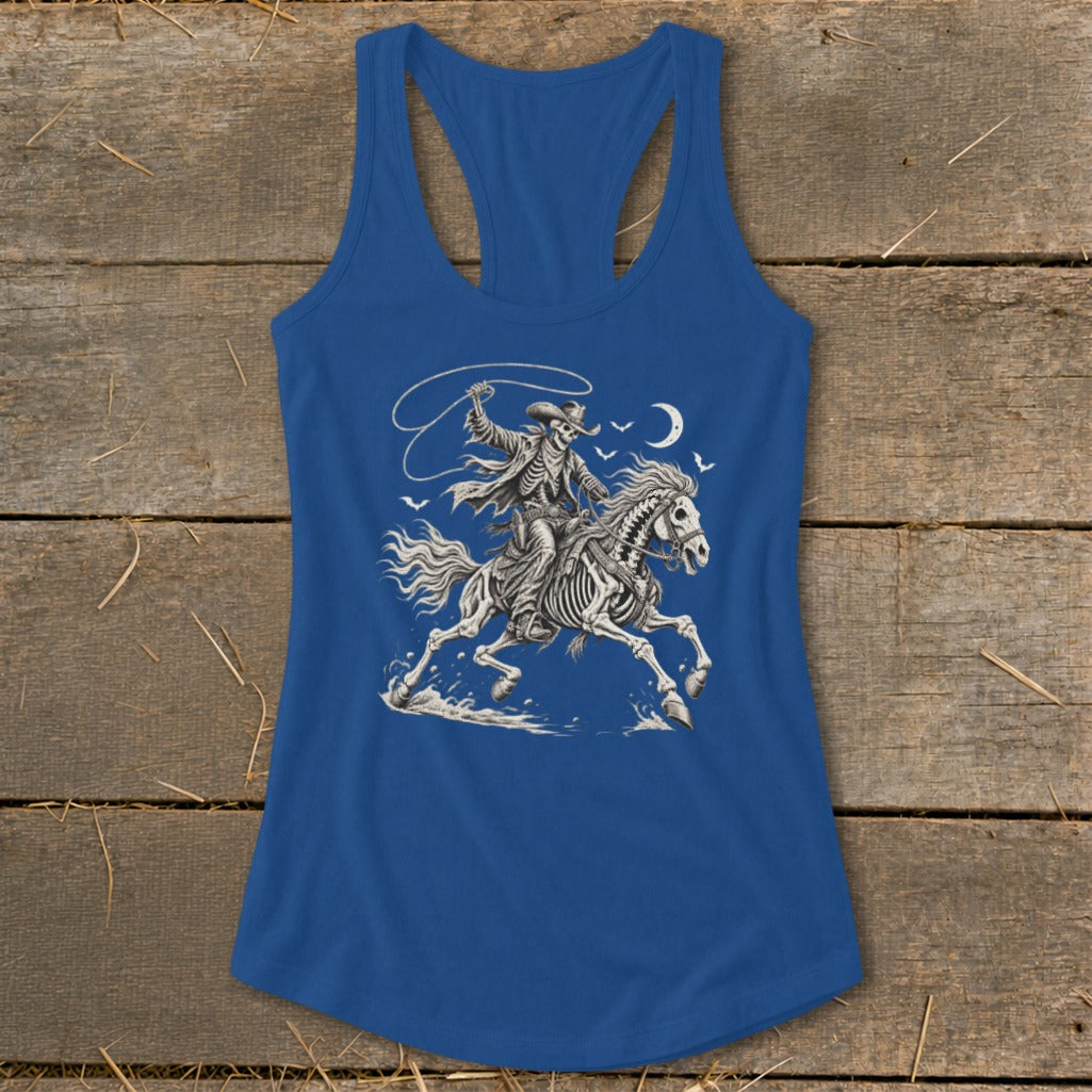 Skeleton cowboy on horseback with lasso, moon, and birds graphic on a blue tank top.
