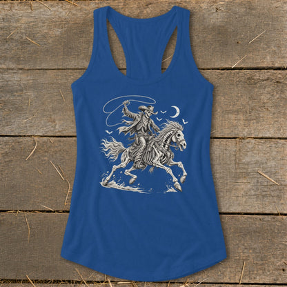 Skeleton cowboy on horseback with lasso, moon, and birds graphic on a blue tank top.