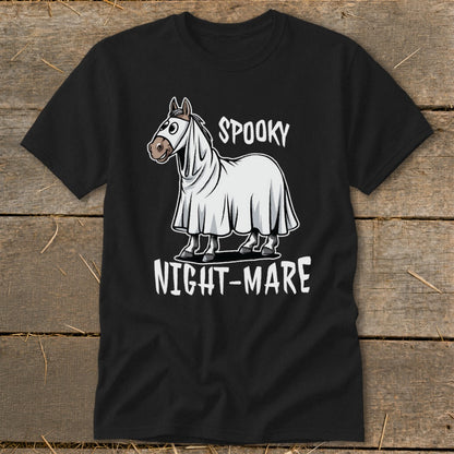 Black t-shirt with cartoon horse in a ghost costume and text "Spooky Night-Mare."