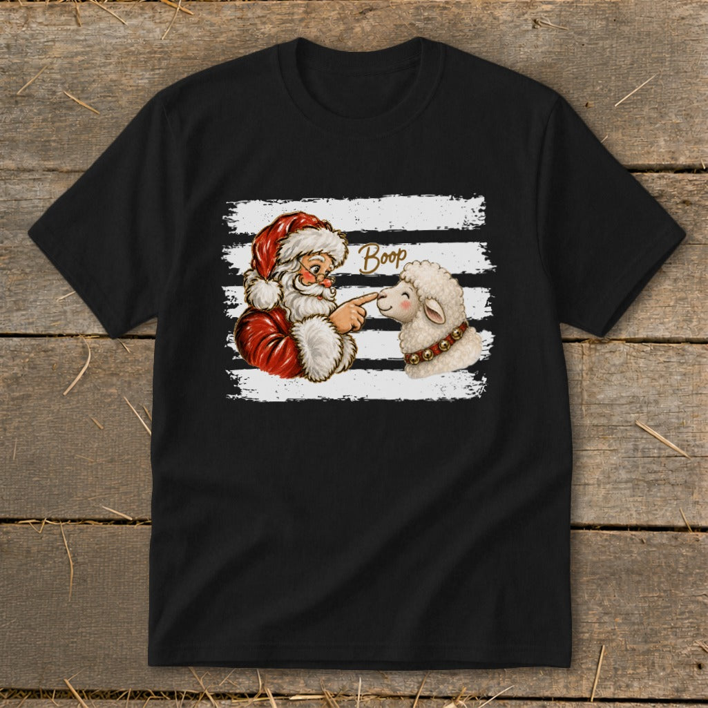 Santa booping a sheep with the text "Boop" on a black t-shirt.