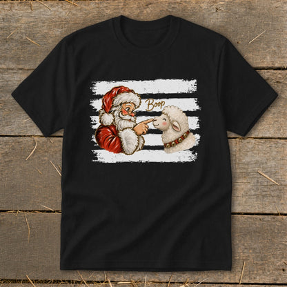 Santa booping a sheep with the text "Boop" on a black t-shirt.