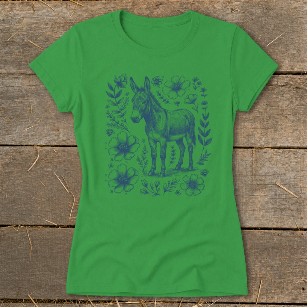 Green t-shirt with a blue line drawing of a donkey surrounded by flowers and leaves.