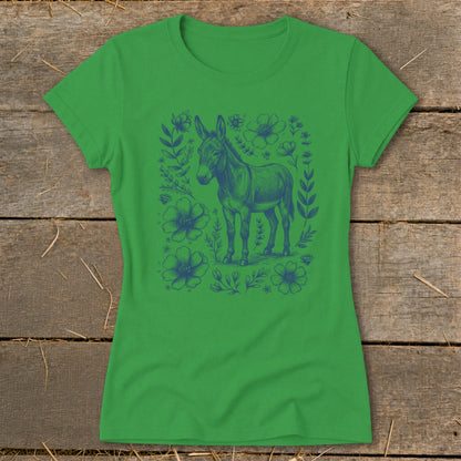 Green t-shirt with a blue line drawing of a donkey surrounded by flowers and leaves.