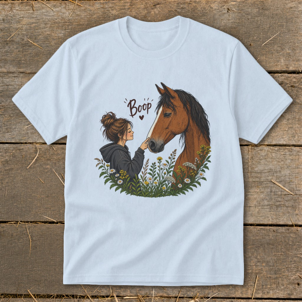 Illustration of girl booping horse's nose with "Boop" text above.