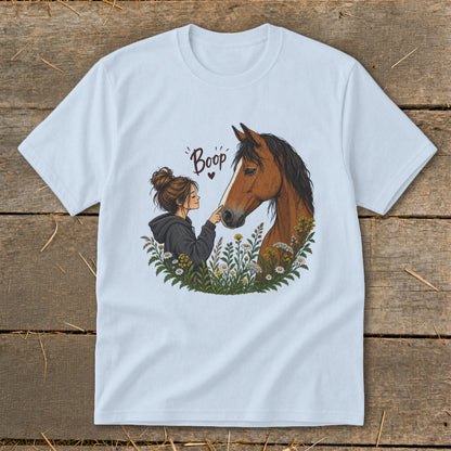 Illustration of girl booping horse's nose with "Boop" text above.