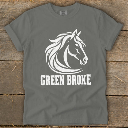 A gray t-shirt with a white horse head silhouette graphic and the text GREEN BROKE underneath.