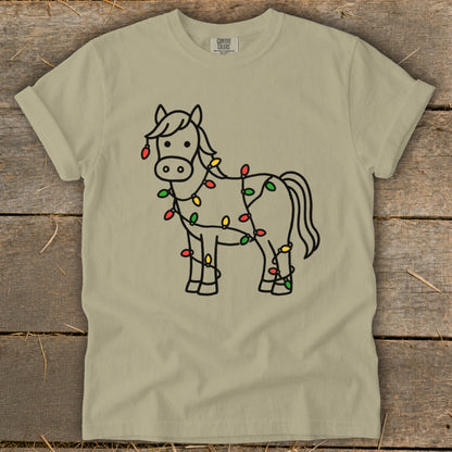 Khaki t-shirt with line drawing of a horse wrapped in Christmas lights.