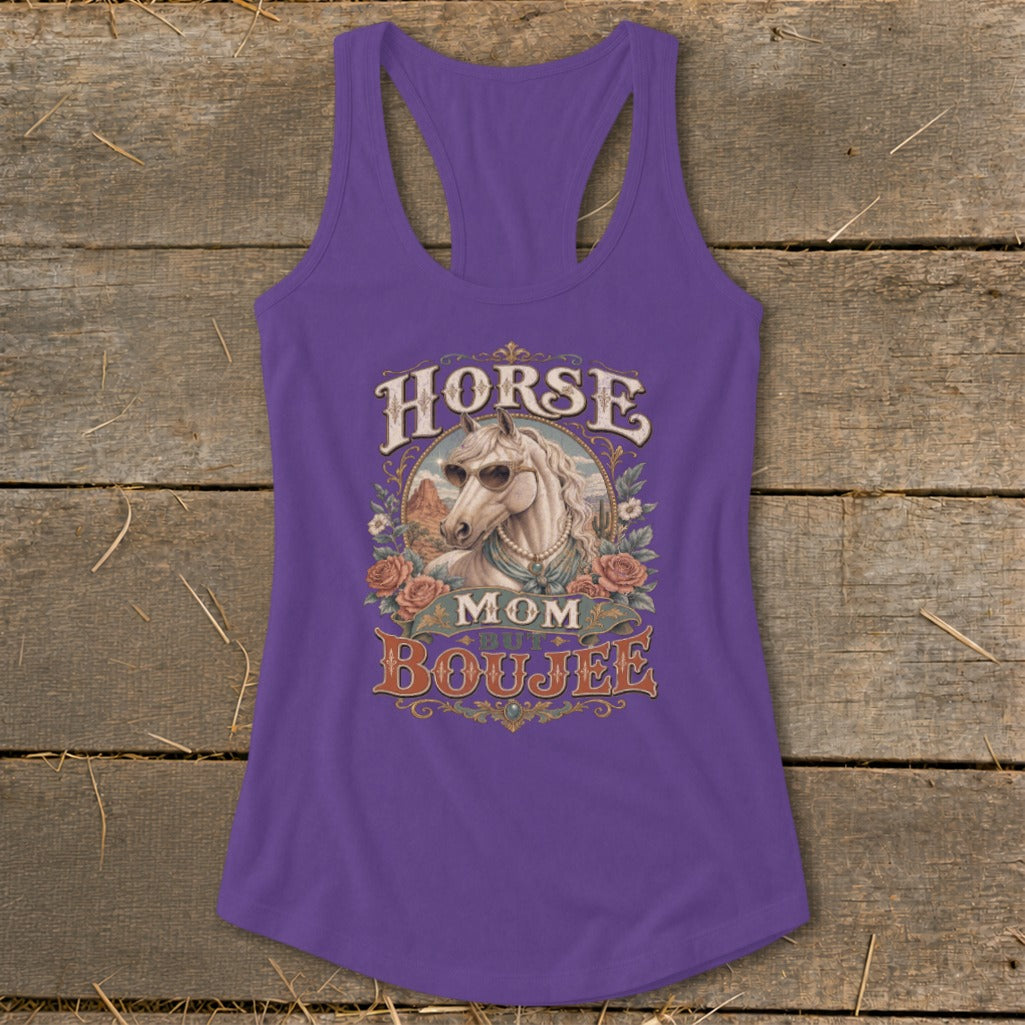 Purple tank top with "Horse Mom But Boujee" text and a horse wearing sunglasses.