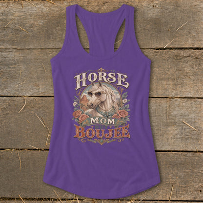 Purple tank top with "Horse Mom But Boujee" text and a horse wearing sunglasses.
